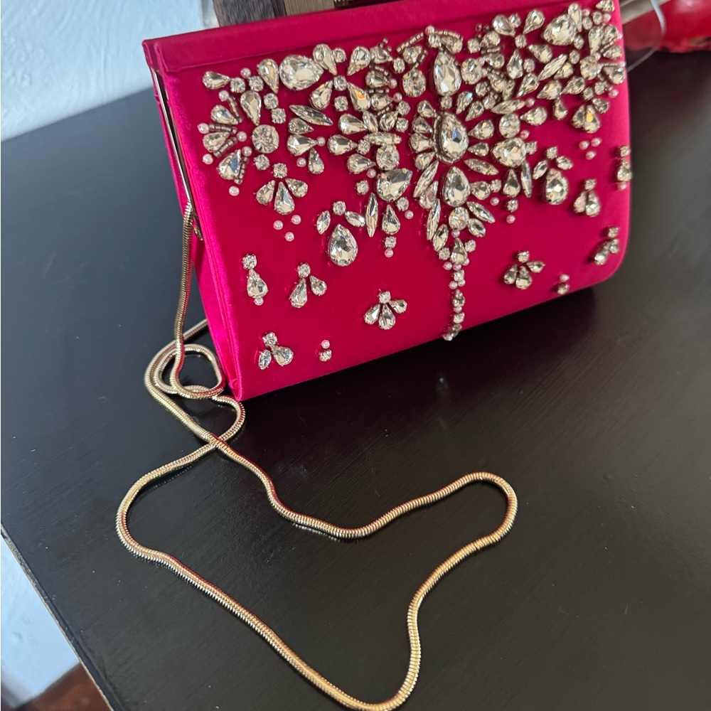 Badgley Mishcka Fuschia & Rhinestone Embellished Clutch